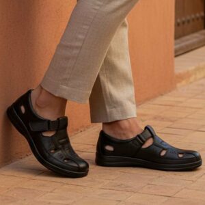 sandales homme orthopÉdique 100 % cuir noir (f1001n)