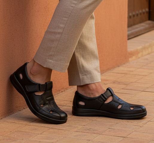 sandales homme orthopÉdique 100 % cuir noir (f1001n)