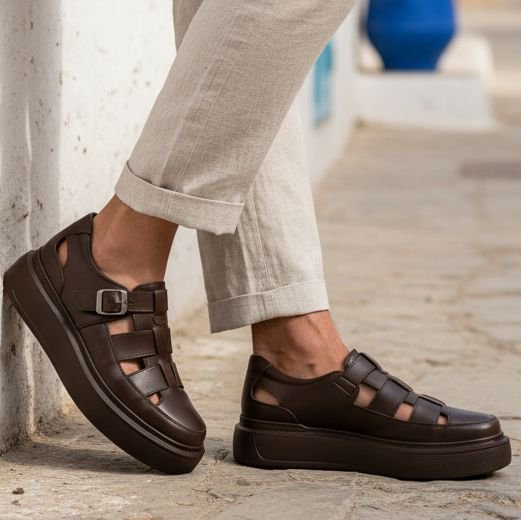 Sandales Homme 100 % Cuir Marron (SLX01M)