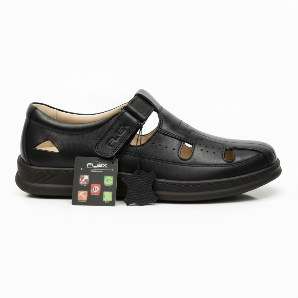 sandales homme orthopÉdique 100 % cuir noir (f1001n)