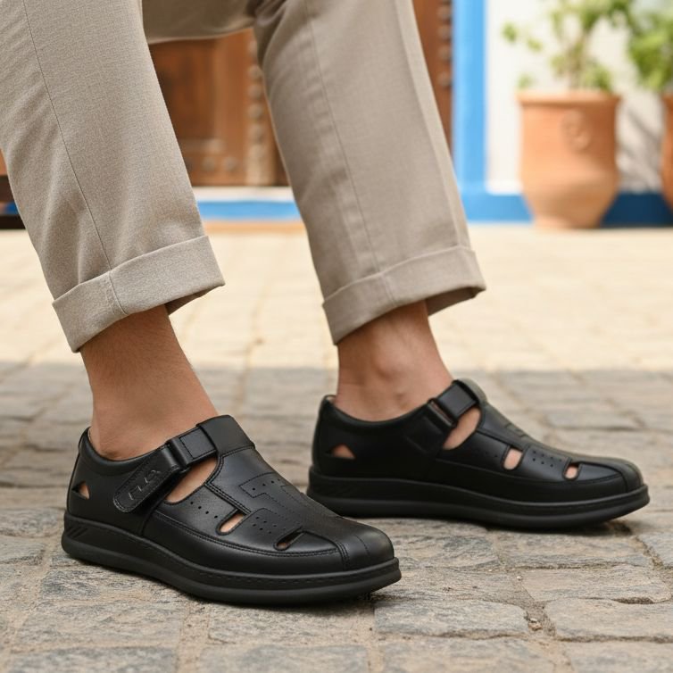 sandales homme orthopÉdique 100 % cuir noir (f1001n)